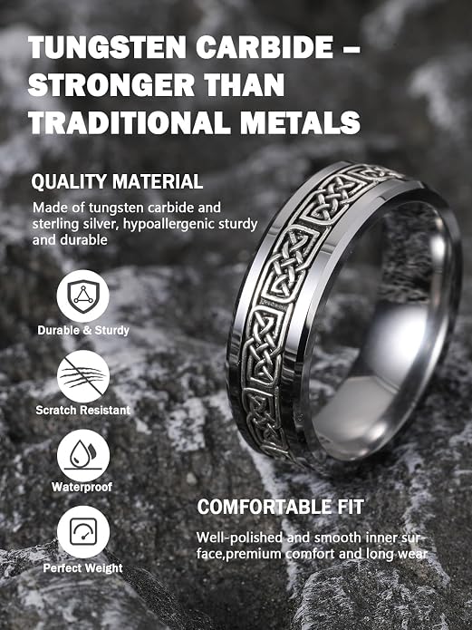NUNCAD 8mm Tungsten Rings for Men, Inlay 925 Sterling Silver Celtic Knot Ring Mens Wedding Band Jewelry Gift Comfort Fit Size 8-12