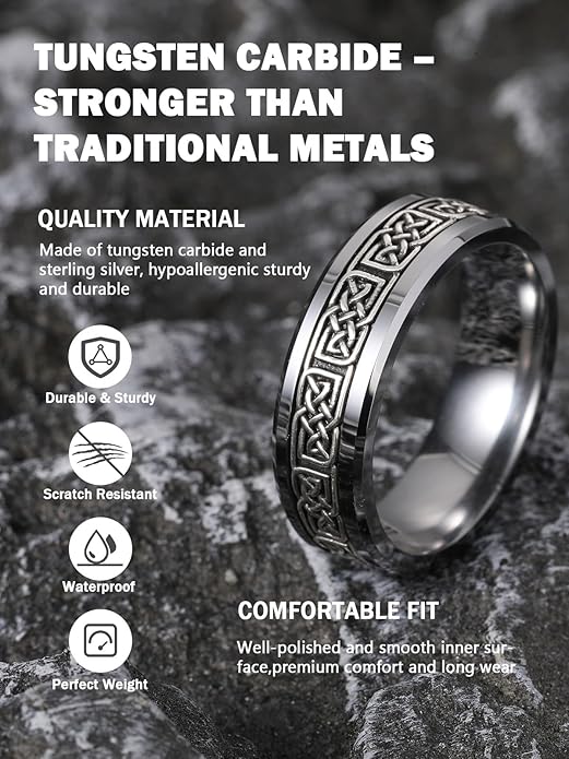 NUNCAD 8mm Tungsten Rings for Men, Inlay 925 Sterling Silver Celtic Knot Ring Mens Wedding Band Jewelry Gift Comfort Fit Size 8-12