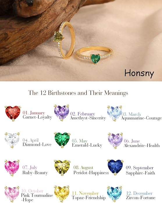 Honsny Heart Birthstone Gold Rings for Women Non Tarnish 14K Gold Plated Stackable CZ Gemstone Emerald Pinky Ring Dainty Engagement Promise Rings for Her Waterproof Jewelry Graduation Gifts Size 6-10