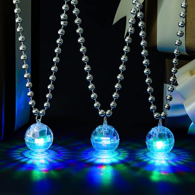 Sasylvia 12 Pcs LED Disco Ball Necklaces Light up Bead Necklaces 70s Disco Party Favors Glow in The Dark Bead Jewelry Costume Accessories for New Year Party Dance Supplies(Silver, Colorful)