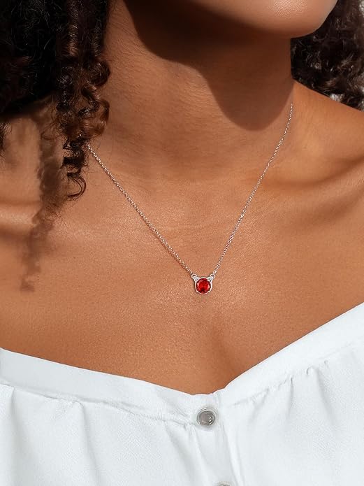 ChicSilver Bow and Cat Birthstone Necklace, 925 Sterling Silver Pendant Necklaces for Women, Hypoallergenic Silver Choker with 16 inch Rolo Chain, 12 Months Jewelry for Valentines Mothers Day Christmas