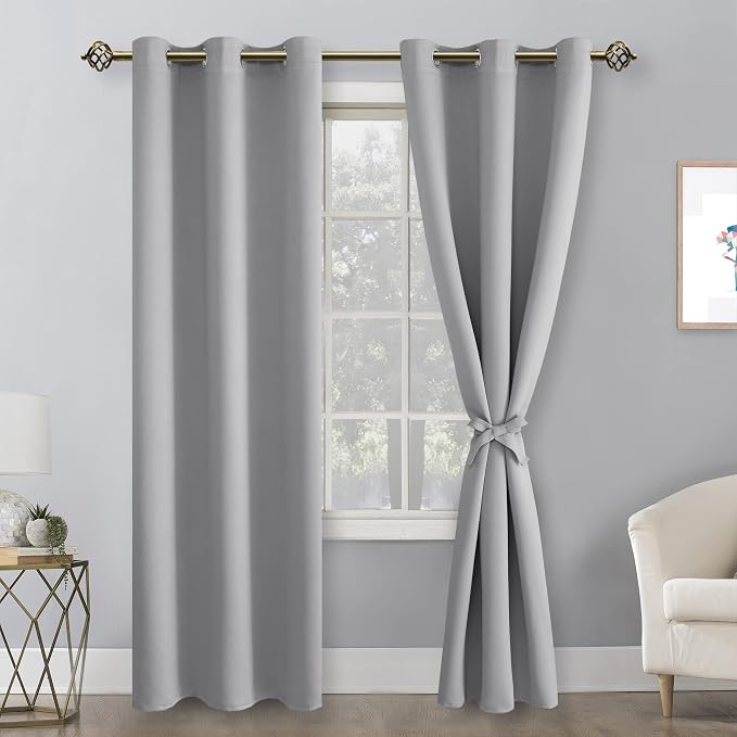 Hiasan Blackout Curtains for Bedroom, 38 x 84 Inches Long - Thermal Insulated & Light Blocking Window Curtains for Living Room, 2 Drape Panels Sewn with Tiebacks, Silver Grey