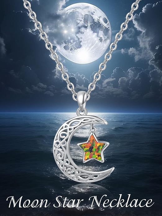 Dreamboat Sterling Silver Moon and Star Necklace Silver Crescent Moon Necklaces for Women Star Pendant Celestial Jewelry Gifts