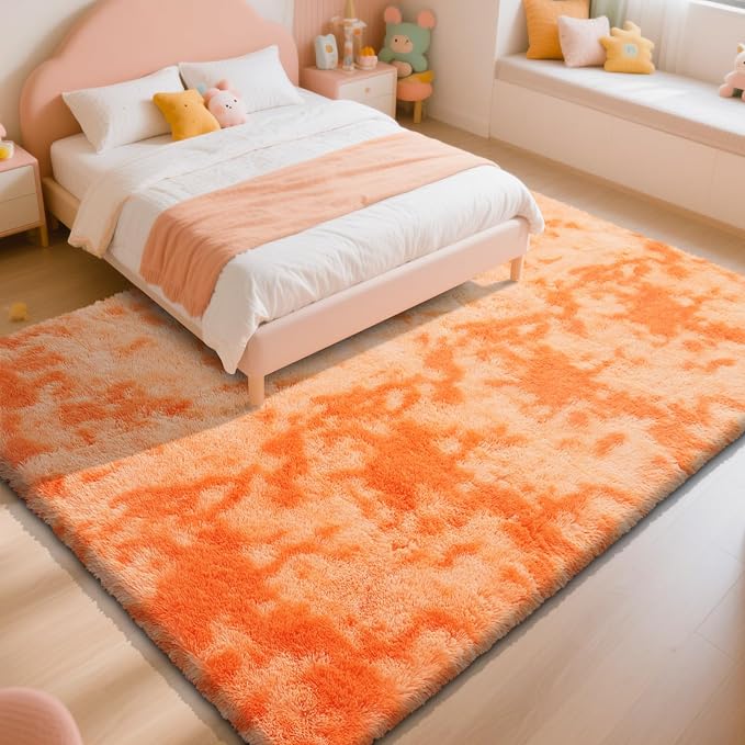 Mottling Orange Fluffy Rug Shag Area Rug, 3x5 Area Rugs for Girls Bedroom, Soft Play Mat, Indoor Floor Carpet for Teen, Preppy Dorm, Plush Aesthetic Bedside Rug