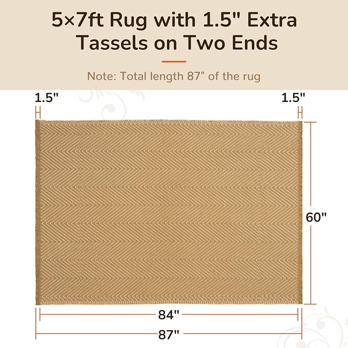 5x7 Washable Boho Area Rug with Tassels for Living Room Red Beige | Vacuum Friendly, Machine Washable, Non-Slip Rug, Modern Farmhouse Neutral Decor Carpet, Bedroom Dining Room Office Kitchen