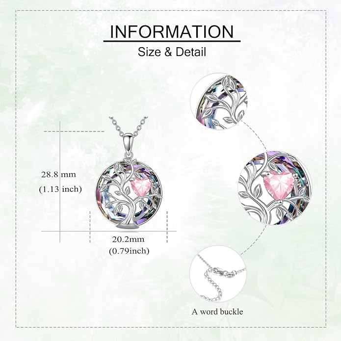 Tree Of Life Birthstone Necklace 925 Sterling Silver Crystal Family Tree Pendant Necklaces Heart Birthstone Jewelry For Women Female Anniversary Birthday Gifts