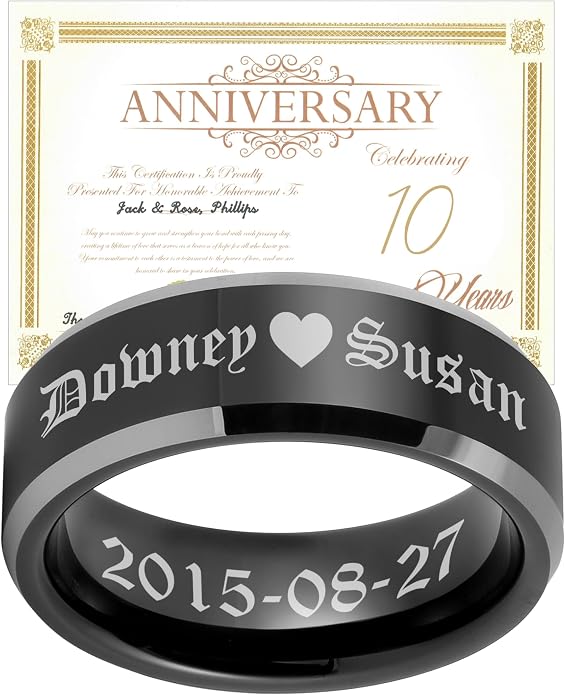 LerchPhi 8MM Black Tungsten Rings for Men, Polished Black Mens Rings with Silver Beveled Edge Mens Wedding Band