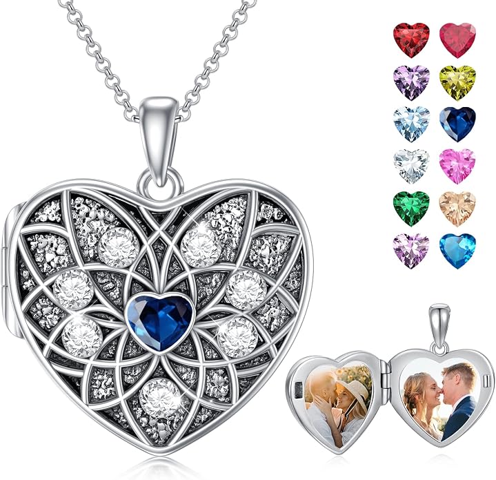 Round/Heart/Oval Shape Locket Necklace That Holds Pictures 925 Sterling Silver Personalized Birthstone Photos Engraved Locket Pendant Birthday Memorial Jewelry Gift for Women