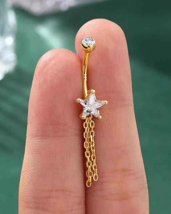 COCHARM 14K Gold Plated Belly Button Rings 925 Sterling Silver Belly Navel Rings for Women Star Navel Piercing Jewelry