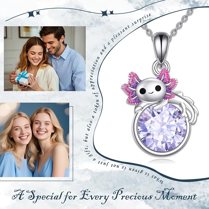 Birthstone Axolotl Necklace Sterling Silver Axolotl Pendant Cubic Zirconia Jewelry Birthday Gifts for Women Men