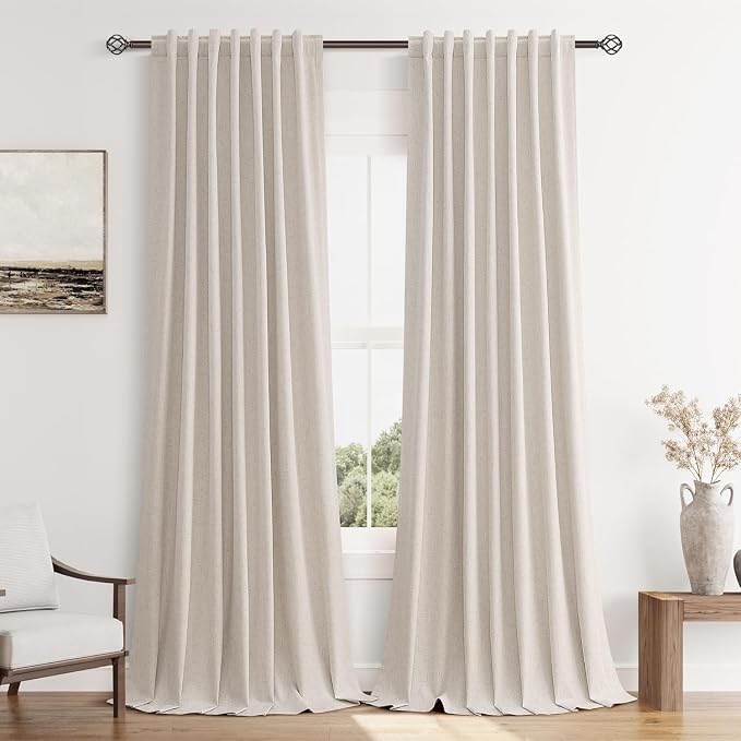 Guken 100% Blackout Curtains 84 Inch Length 2 Panels Set for Living Room Bedroom Back Tab Thermal Insulated Black Out Linen Drapes Room Darkening Window Curtains 84 Inches Long, Sand Beige