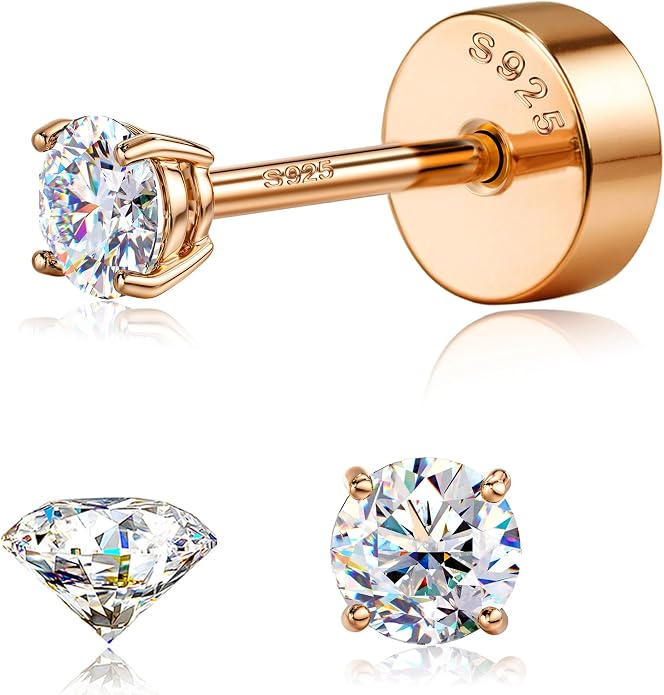 GEMQUEEN Moissanite Earrings Studs : 18K Gold Plated Solid 925 Sterling Silver Stud Earring for Women Men Hypoallergenic Dainty Moissanite Jewelry for Sensitive Ears Round Cut D Color VVS1 2-7.5mm