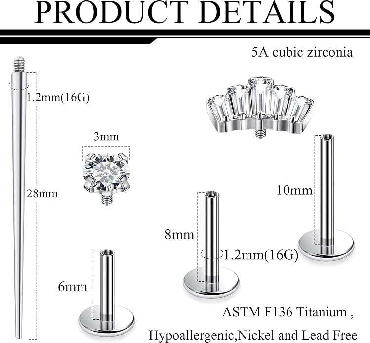Ruifan Titanium Flat Back Lip Rings Internally Threaded Earrings Studs Nose Rings 16G Opal CZ Tragus Cartilage Lobe Rook Helix Conch Labret Medusa Piercing Jewelry for Women Men W Piercing Taper Set