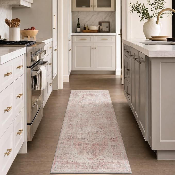 AMOAMI-2X6 Runner Rug-Washable Runners for Hallways-Soft Non Slip Bedside Rugs for Bedroom-Vintage Long Rug for Hallways Entryway Laundry Room Stair Kitchen Bathroom Pink