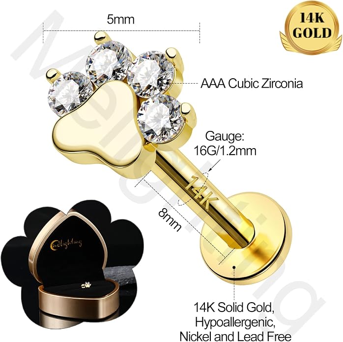 Melighting 14K Solid Gold Paw Dog Cartilage Earring Internally Threaded 16G Helix Piercing Jewelry Clear CZ Helix Earring for Women 8mm Flat Back Stud Earring