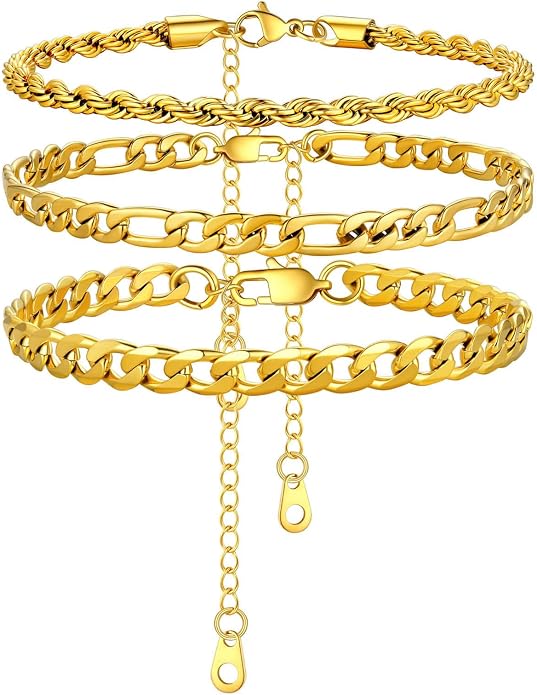 U7 2Pcs/3Pcs Ankle Bracelets for Women, Stainless Steel Cuban Link/Figaro/Rope/Heart Chain Anklets Sets,Waterproof Layered Anklets Adjustable 8.5"-10.5"