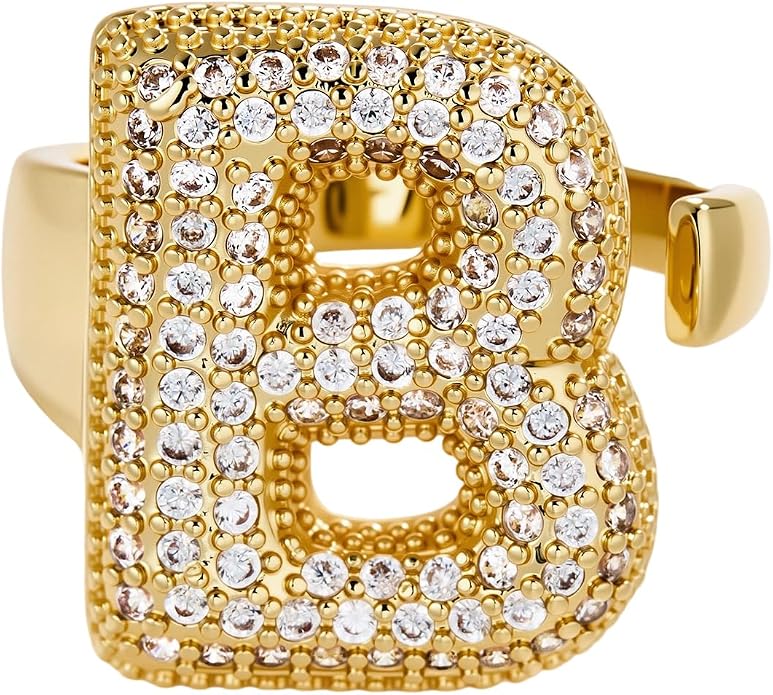 Cicy Bell Initial Rings for Women 14k Gold Plated Cubic Zirconia Delicate Letter Chunky Statement Open Rings Gifts for Her