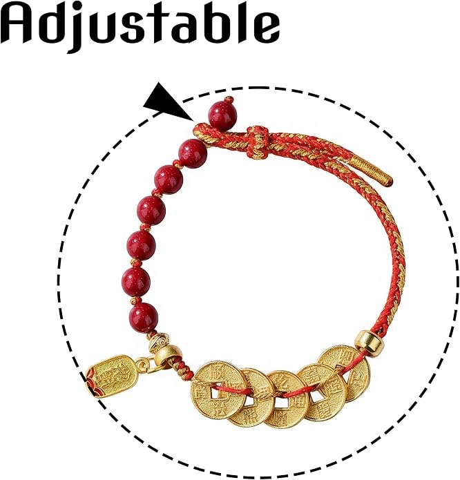 Feng Shui Bracelet with Five Emperor Coins, Beads Amulet for Wealth & Good Luck, Spiritual Protection Jewelry, Adjustable Ha