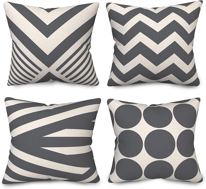4 Pcs/Set Geometric Pillow Covers Boho Grey Winding Strips Circle Mid Century Geometry Stripes Minimalist Throw Pillow Covers for Home Sofa Couch Outdoor Decorative, 26"x26", Grey White