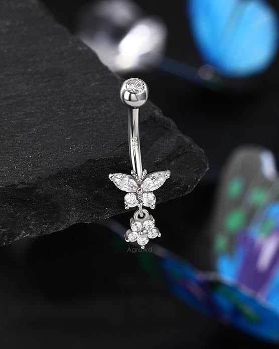 14K Gold Plated Belly Button Rings Dangle Belly Navel Rings for Women 925 Sterling Silver Navel Piercing Jewelry Surgical Steel