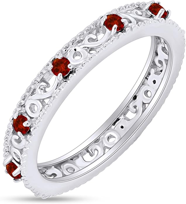 Jewel Zone US Filigree Eternity Wedding Band Ring for Women, Round Cut Simulated Gemstone Stackable Promise Ring in 14K Gold Plated 925 Sterling Silver Band Width 3.5mm – Elegant Jewelry for Her