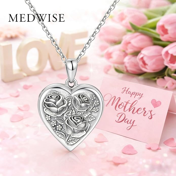 MEDWISE 925 Sterling Silver Locket Necklace That Holds Pictures Photo Necklace Oxidized Rose Flower/Sunflower/Compass/Celtic Heart Pendnat Lockets Gifts for Women Birthday Christmas Gifts