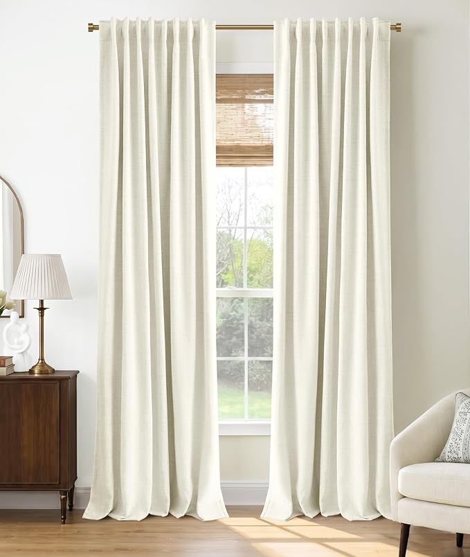 INOVADAY 100% Blackout Curtains 84 Inches Length 2 Panels Set, Back Tab/Rod Pocket Linen Black Out Curtains for Bedroom, Thermal Insulated Window Drapes - Beige White, W50 X L84