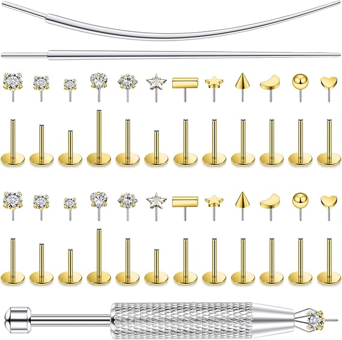 20/18/16g Gold Flat Back Threadless Earrings Nose Rings Lip Studs Surgical Steel Piercing Jewelry for Women Men