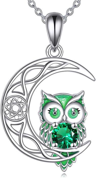 Owl Birthstone Necklace Sterling Silver Celtic Moon Pendant Cubic Zirconia Owls Jewelry Birthday Gifts for Women Men