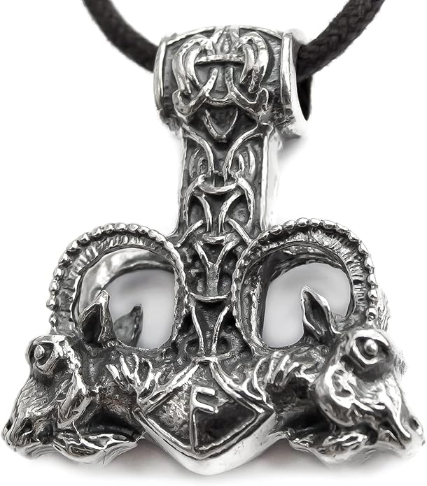 Large Thor Hammer Mjolnir Necklace 925 Sterling Silver - Odins Viking Pendant with Thors Goats and Runes - Mens Pagan Nordic Norse Mythology Jewelry for Men - Handmade - 1oz (27 g)