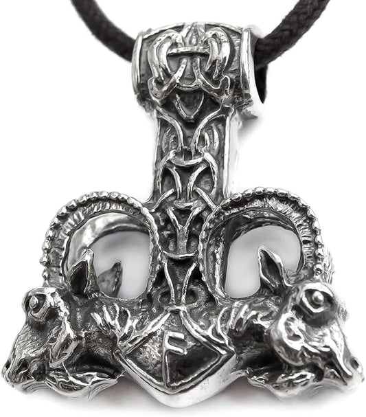 Large Thor Hammer Mjolnir Necklace 925 Sterling Silver - Odins Viking Pendant with Thors Goats and Runes - Mens Pagan Nordic Norse Mythology Jewelry for Men - Handmade - 1oz (27 g)