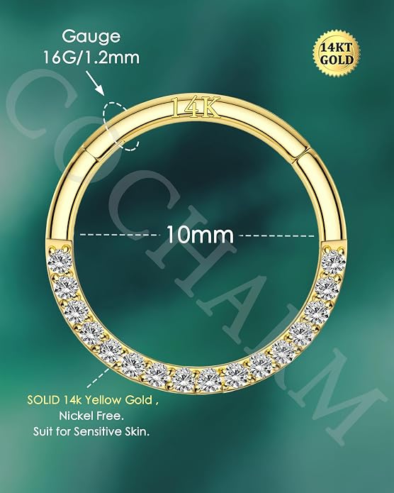 COCHARM 14K Solid Gold 18g/16g Nose Rings 16G Septum Rings Yellow Gold Tragus Helix Cartilage Conch Earring Hoops 18 Gauge Piercing Hoop