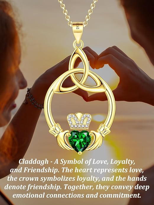 Gift Birthstone Necklaces for Women 925 Sterling Silver Irish Claddagh Necklace for Women Heart Birthstone Pendant Necklace Anniversary Birthday Gifts for Wife Lady Cable Chain 18"+2"