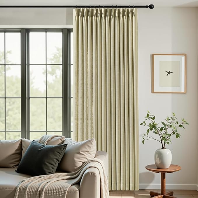 IVAPUPU Grey Beige Pinch Pleated Curtains 90 Inch Length for Living Room, Extra Wide Semi Sheer Drapes Back Tab Hooks Rings Light Filtering Privacy Linen Blend Curtain for Bedroom, W60xL90, 1 Panel