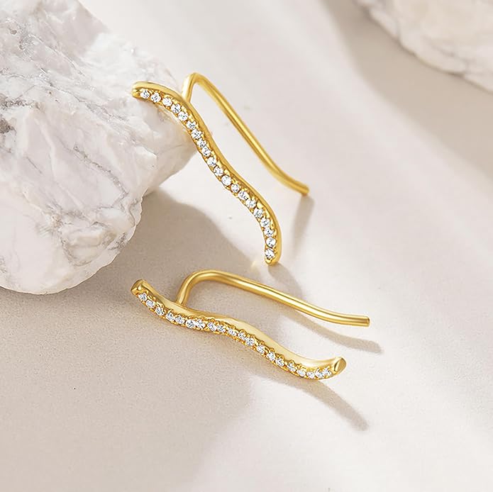 925 Sterling Silver Ocean Wave Crystals Ear Cuffs Climber Cartilage Earrings for Women, Dainty White CZ Trendy Earring Jewelry Hypoallergenic Fashion Earring Jewelry Gift for Birthday Wedding