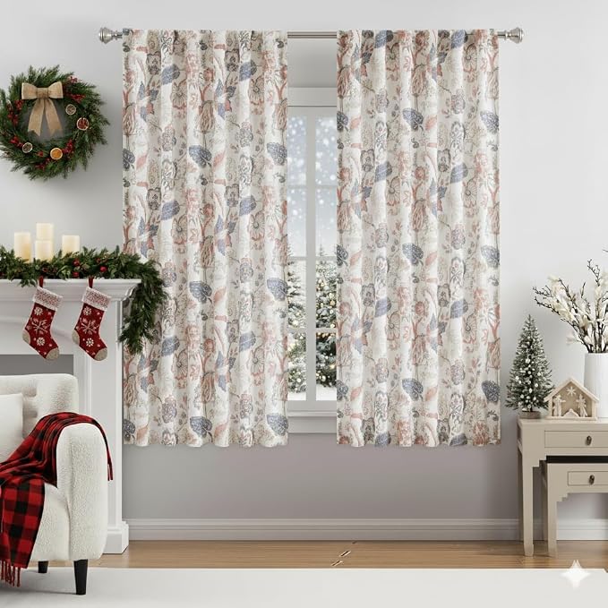 Kayne Studio Botanical Print Semi Sheer Curtains Navy Red Floral Leaf Farmhouse Linen Curtain Drapes Light Filtering Window Treatments for Living Room Bedroom Rod Pocket Back Tab,52"x63",2 Panels