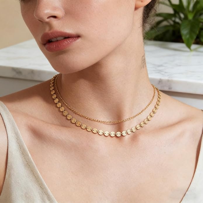 Dremmy Studios Dainty Gold Choker Necklace for Women 14K Gold Plated Coin Disc Figaro Layered Beaded Flat Mariner Sideways Cross Wishbone Link Clavicle Necklaces