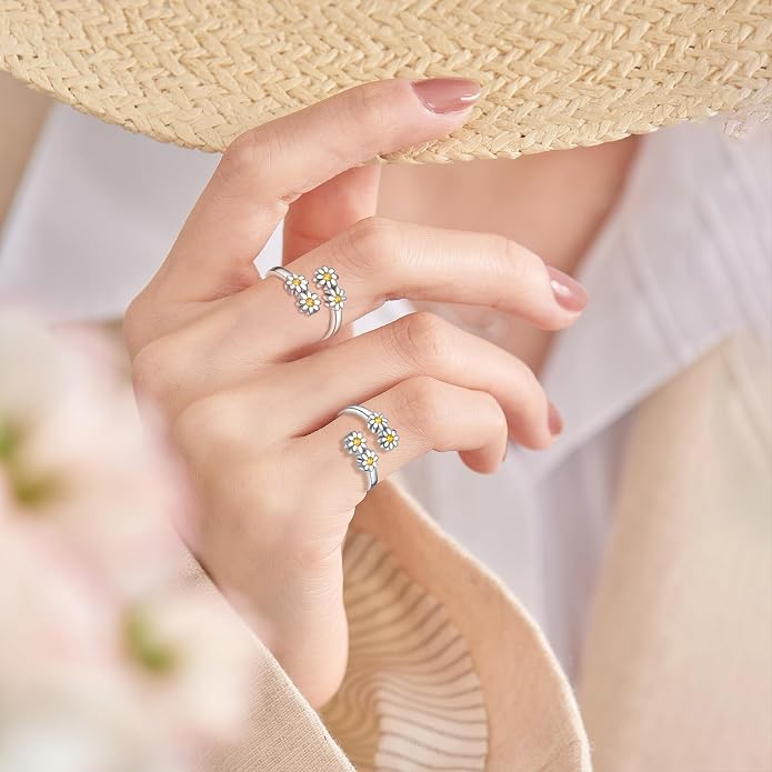 Jinlou 925 Sterling Silver Dainty Daisy Rings Flower Finger Rings For Women Love Promise Band Sunflower Adjustable Thumb Rings For Women