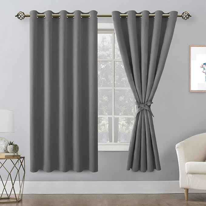 Hiasan Grommet Blackout Curtains for Bedroom, 60 x 72 Inches - Thermal Insulated & Light Blocking Window Drapes for Living Room/Dorm Room, Set of 2 Panels Sewn with Tiebacks, Light Grey