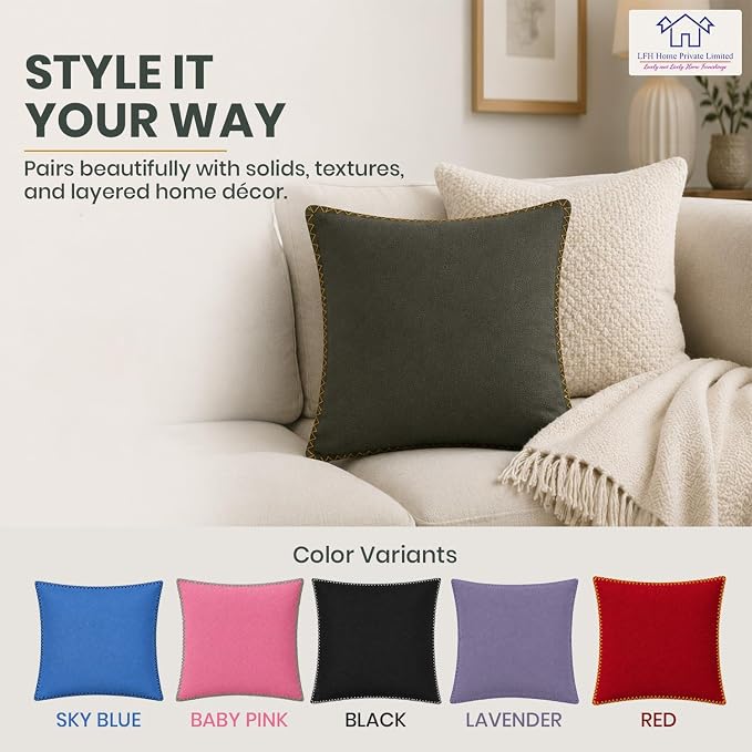 LFH Home Military Green Cotton Rich Throw Pillow Covers 18x18 Set of 2, Decorative Cushion Covers with Blanket Stitch Edge, Farmhouse Accent Pillow Cases for Sofa Couch Bed Living Room, 18 x 18 Inch