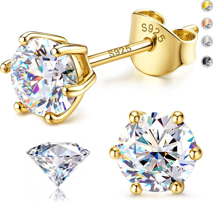 Moissanite Stud Earrings : 18K White Gold Plated Solid 925 Sterling Silver Earring Hypoallergenic Dainty Flat Back Stud Earrings Jewelry for Women Men D Color VVS1 Clarity
