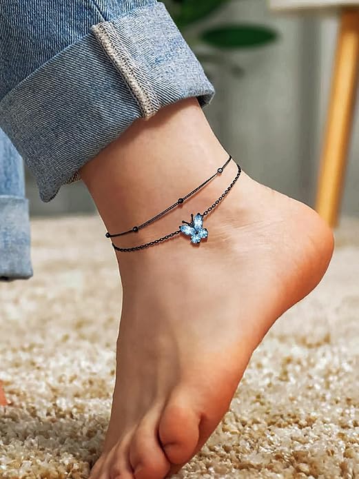 Richsteel Double Layer Heart/Butterfly Birthstone Anklet for Women Non Tarnish Waterproof, Silver/Gold/Black Stainless Steel 8.5-10.5 Inch Adjustable Chain Anklets Jewelry Gifts for Her