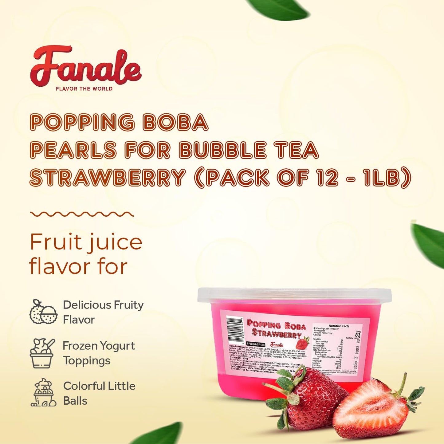Fanale Strawberry Popping Boba Pearls, Vegan, Non GMO, Gluten Free, Fat Free, Perfect for Bubble Tea, Smoothies, Ice Cream, Desserts, and Beverages 1lb x 12.
