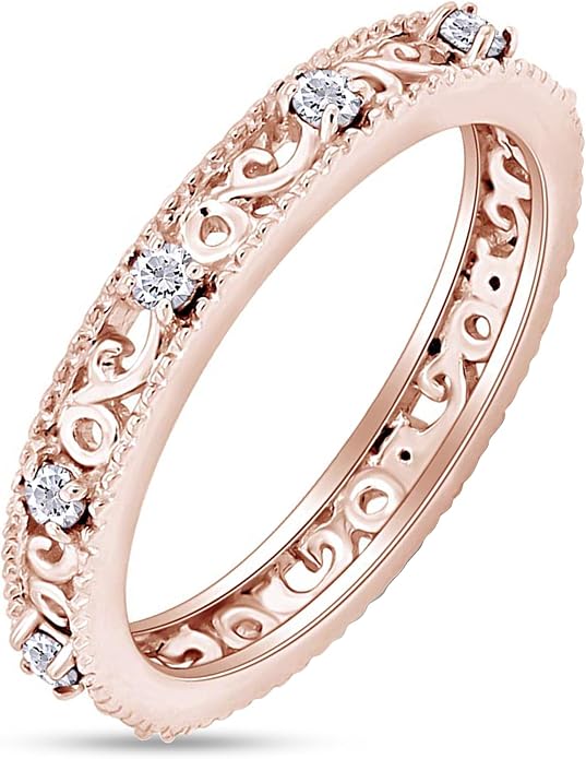Jewel Zone US Filigree Eternity Wedding Band Ring for Women, Round Cut Simulated Gemstone Stackable Promise Ring in 14K Gold Plated 925 Sterling Silver Band Width 3.5mm – Elegant Jewelry for Her