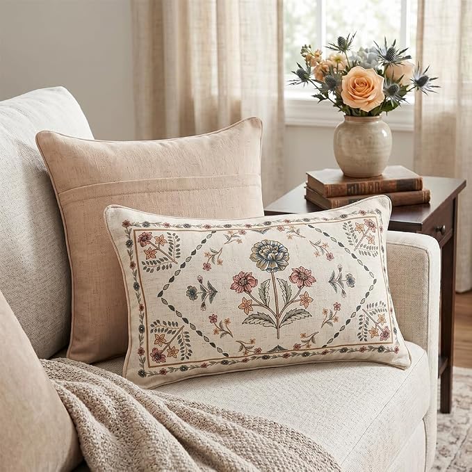 ISAENNE Designer Linen Throw Pillow Cover,Set of 2,20"x12"-Cornucopia B | Elegant French Rectangle Pillow Cover,Concealed Zipper Design,Floral Pattern,Sofas,Bedroom,Living Room,Lounge Chairs
