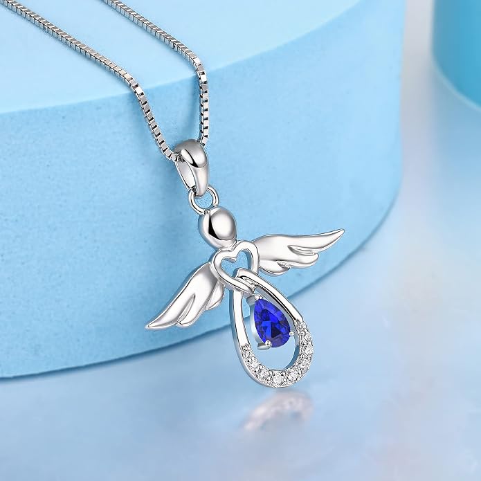 FJ Guardian Angel Necklace 925 Sterling Silver Birthstone Pendant Angel Jewelry Gifts for Women