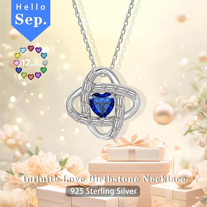 Birthstone Necklace for Women, S925 Sterling Silver Jewelry Gifts, White Gold Plated Love Knot Pendant, Anniversary Birthday Vanlentine Day's Gifts for Grandma, Wife, Mom and Sister