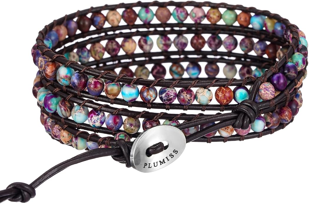 Plumiss Women Boho Handmade Natural Stone Crystal Leather Bead Wrap Bracelets Collection