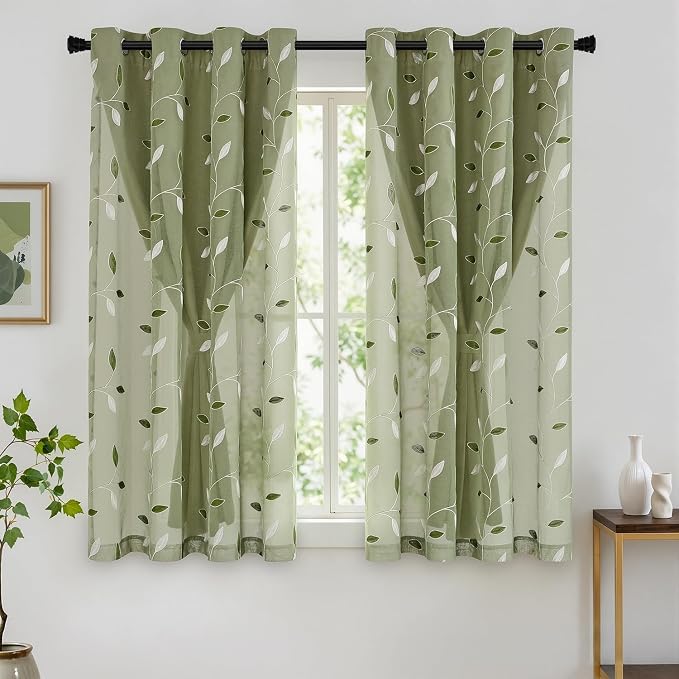 MIULEE Sage Green Double Layer Curtains 63 Inches Long, Leaf Patterned Sheer Floral Drapes and Blackout Room Darkening Window Curtains for Living Room Bedroom, Grommets Top, 52" W x 63" L, 2 Panels