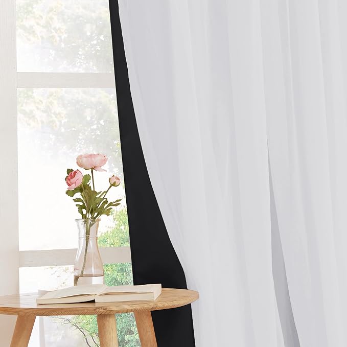 PONY DANCE 2 Layers Curtains Set - Room Darkening Mix & Match Room Darkening Curtains with White Sheer Voile, 52" Wide and 72" Long,Black, 2 Panels